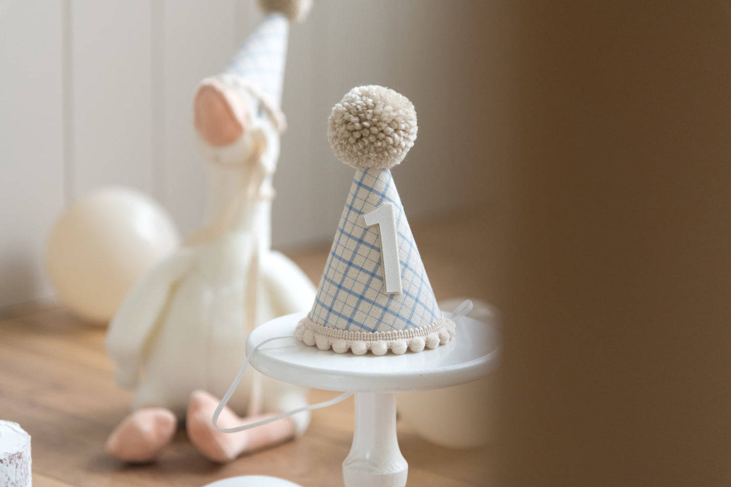 Light beige and blue gingham first birthday hat