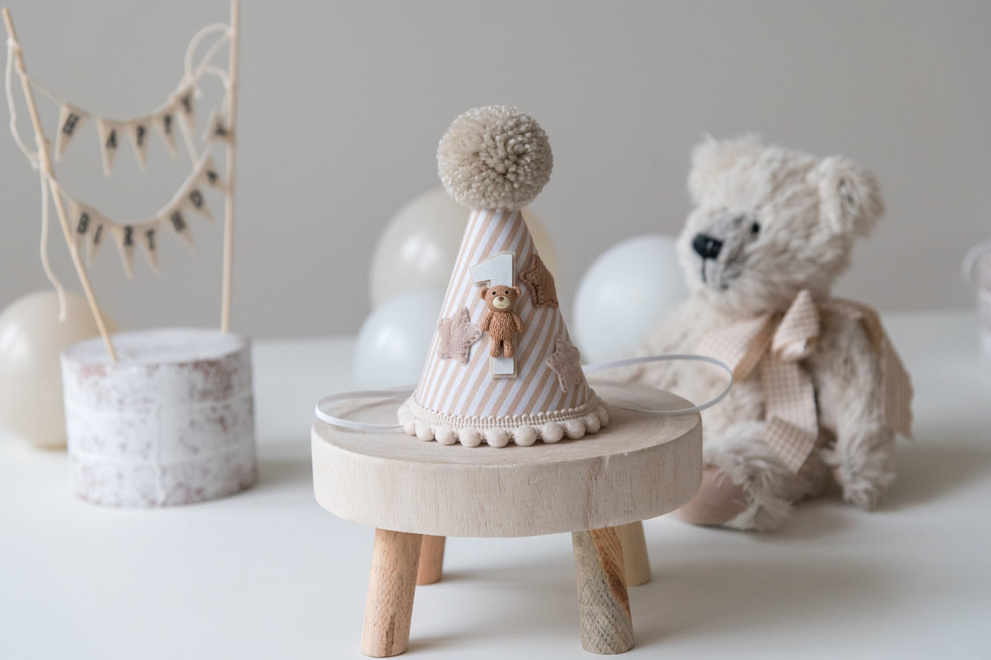 Beige Teddy bear themed 1st birthday hat
