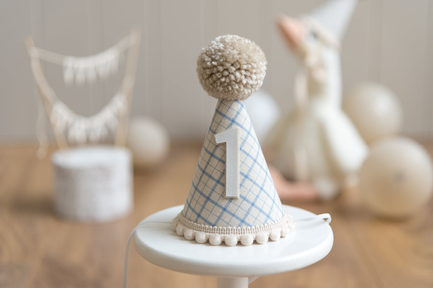 Light beige and blue gingham first birthday hat