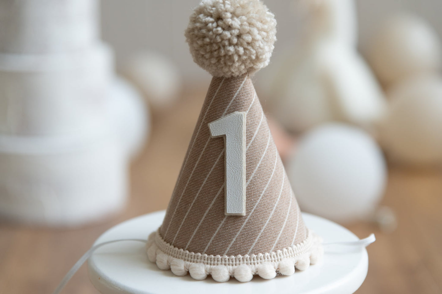 Brown and beige stripe first birthday hat