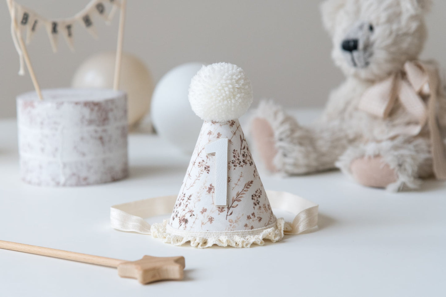 Neutral Floral first birthday hat