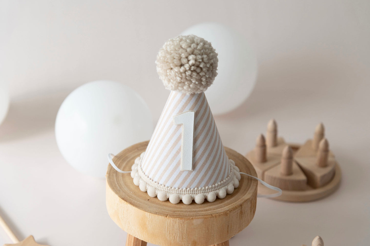 Beige stripe first birthday hat