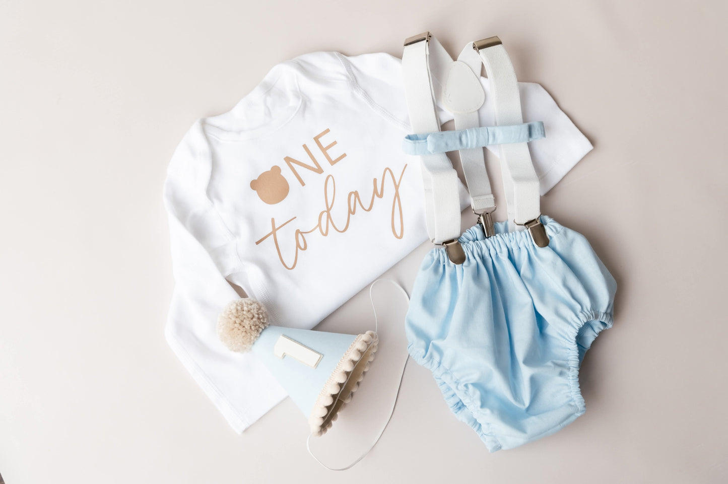 Baby blue and beige teddy bear themed cake smash outfit