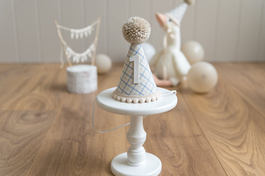 Light beige and blue gingham first birthday hat