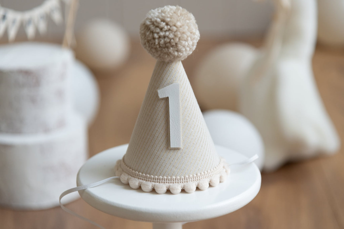 Beige and gold stripe first birthday hat