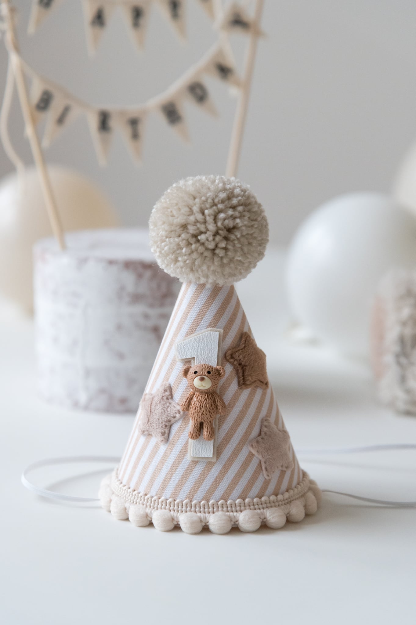 Beige Teddy bear themed 1st birthday hat