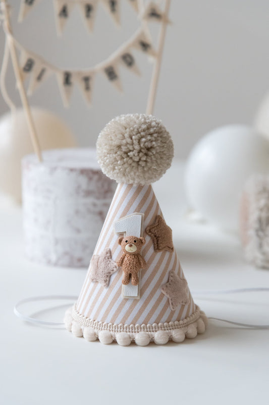 First birthday hat - Beige stripe teddy hat