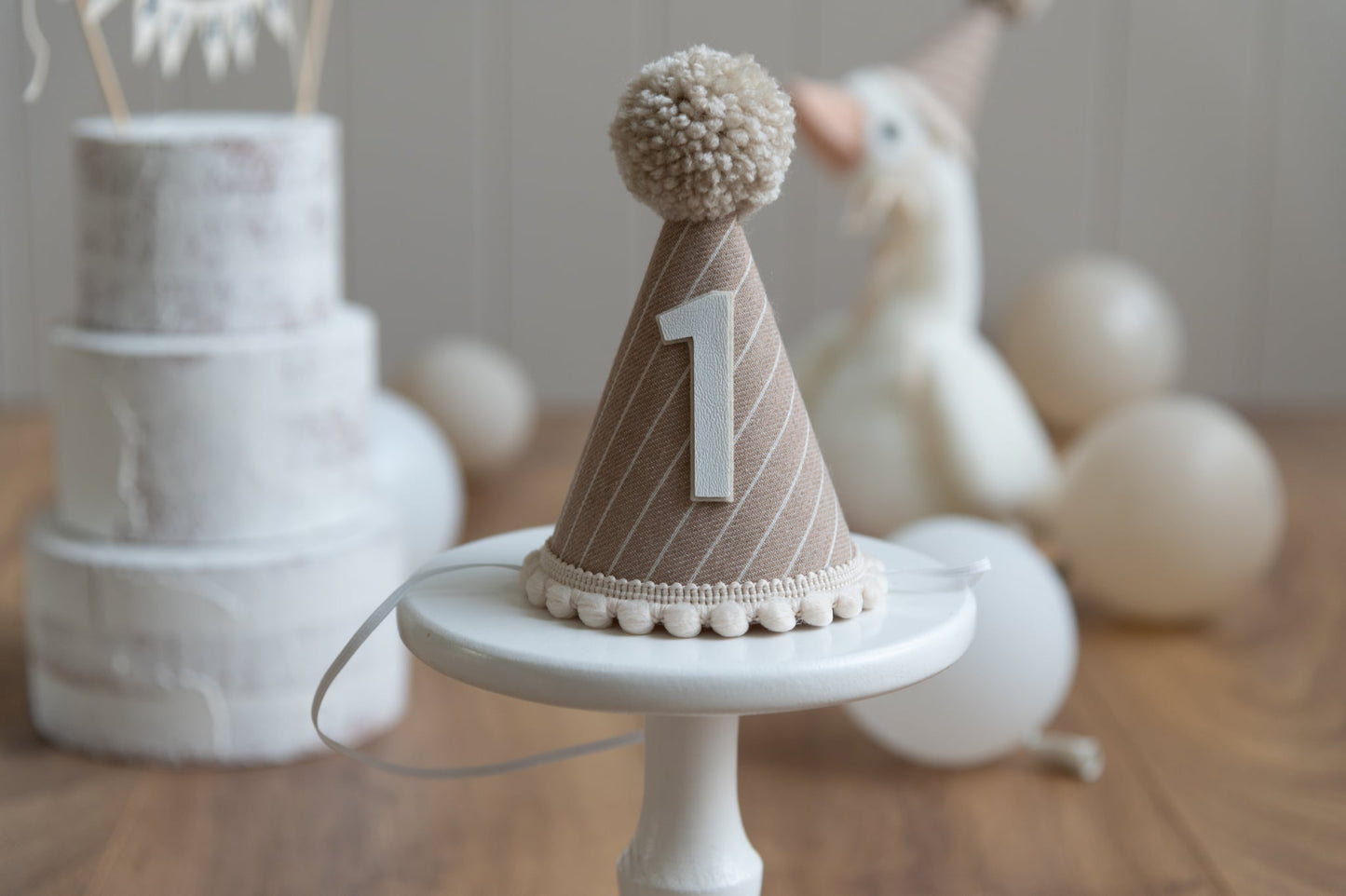 Brown and beige stripe first birthday hat