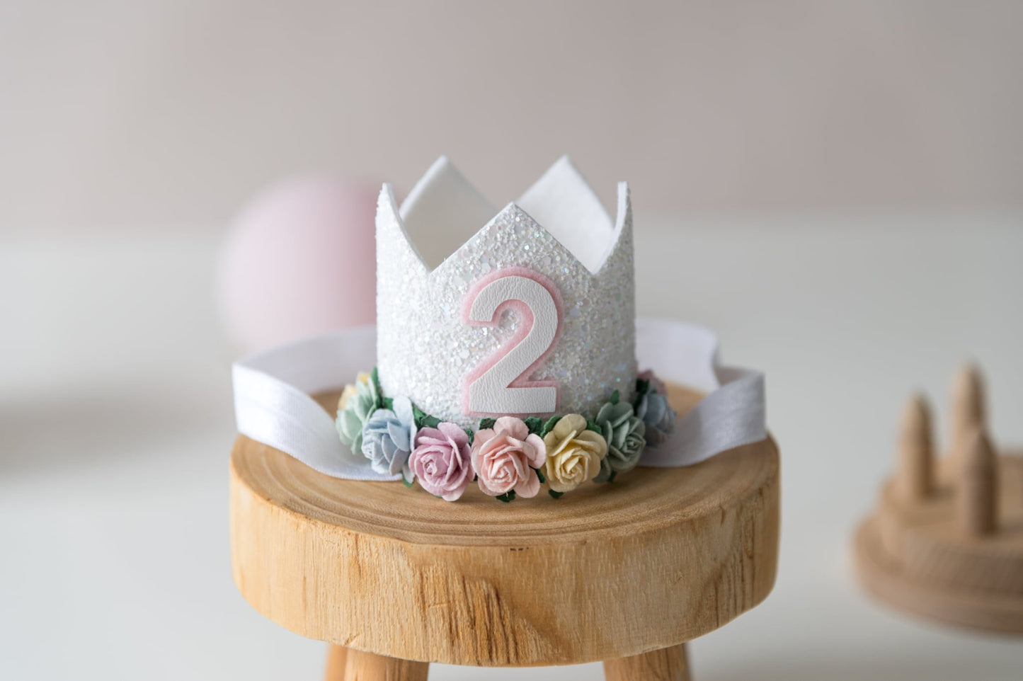 White glitter floral Second birthday crown and wand set