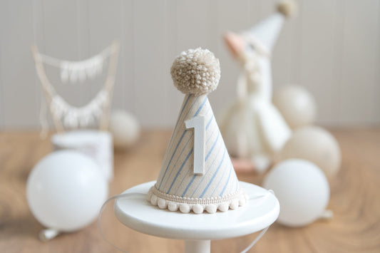 Light beige and blue stripe first birthday hat