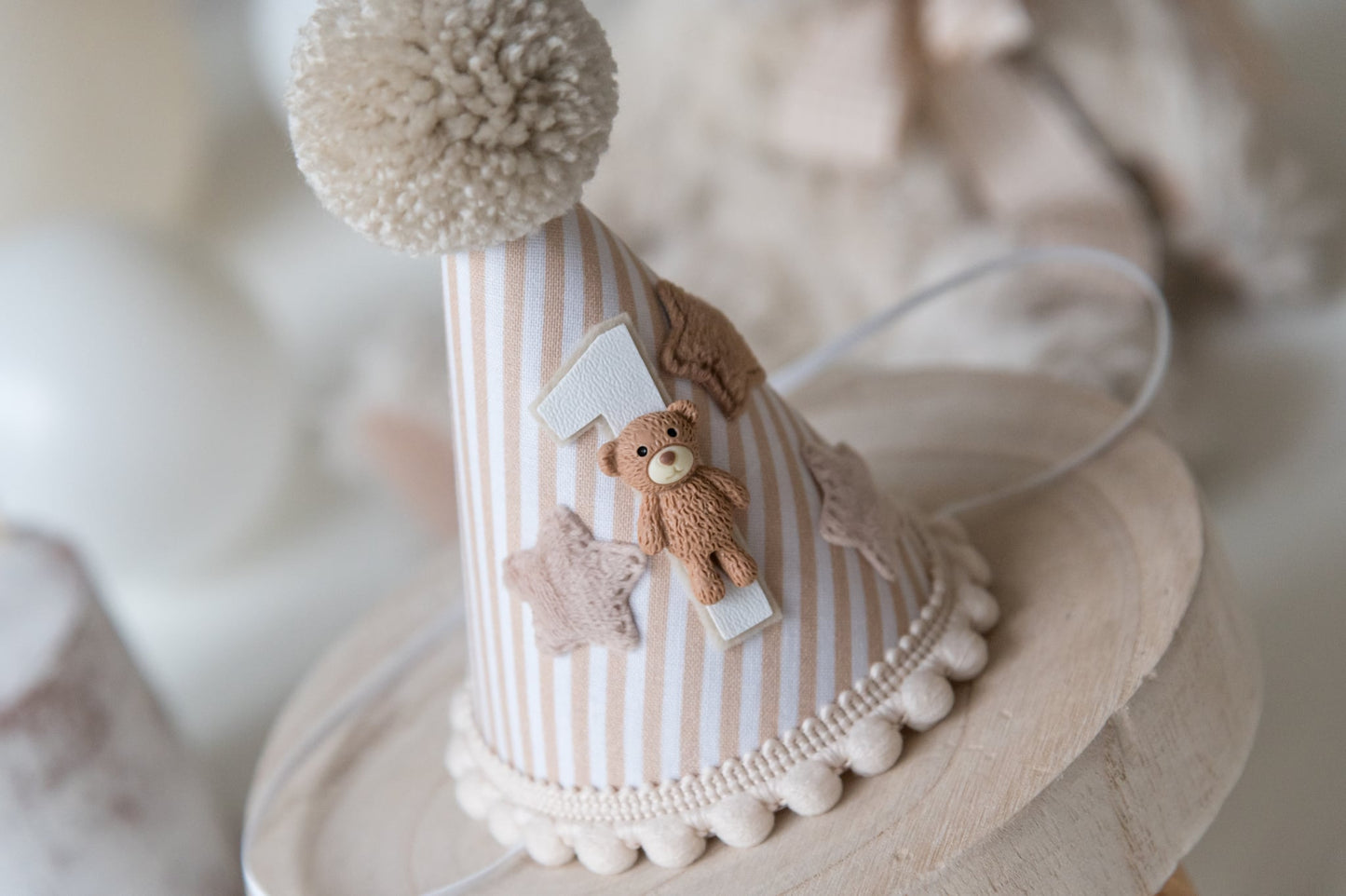 Beige Teddy bear themed 1st birthday hat