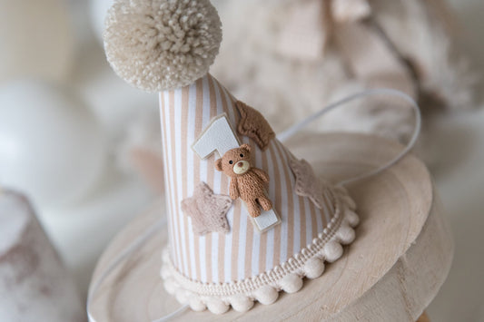 Beige Teddy bear themed 1st birthday hat