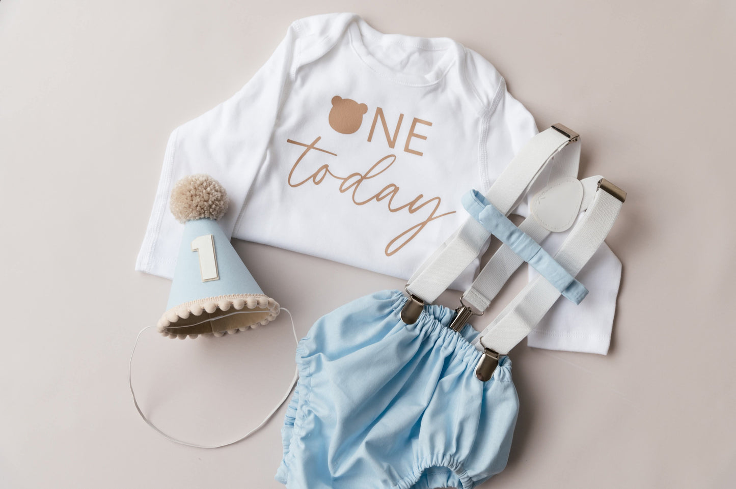 Baby blue and beige teddy bear themed cake smash outfit
