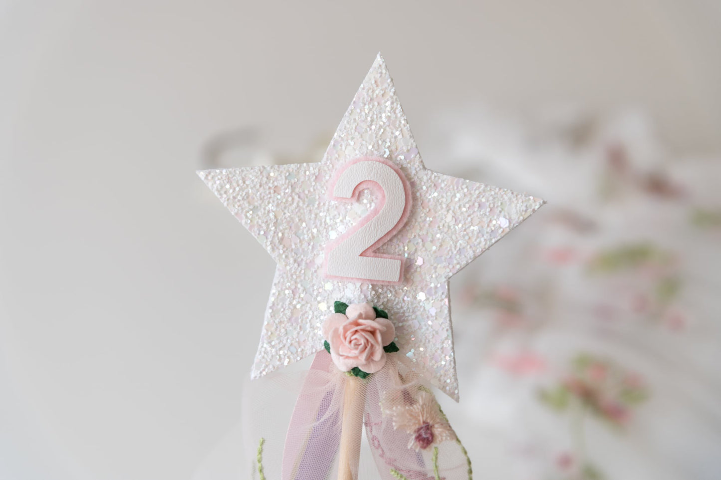 White glitter floral Second birthday crown and wand set