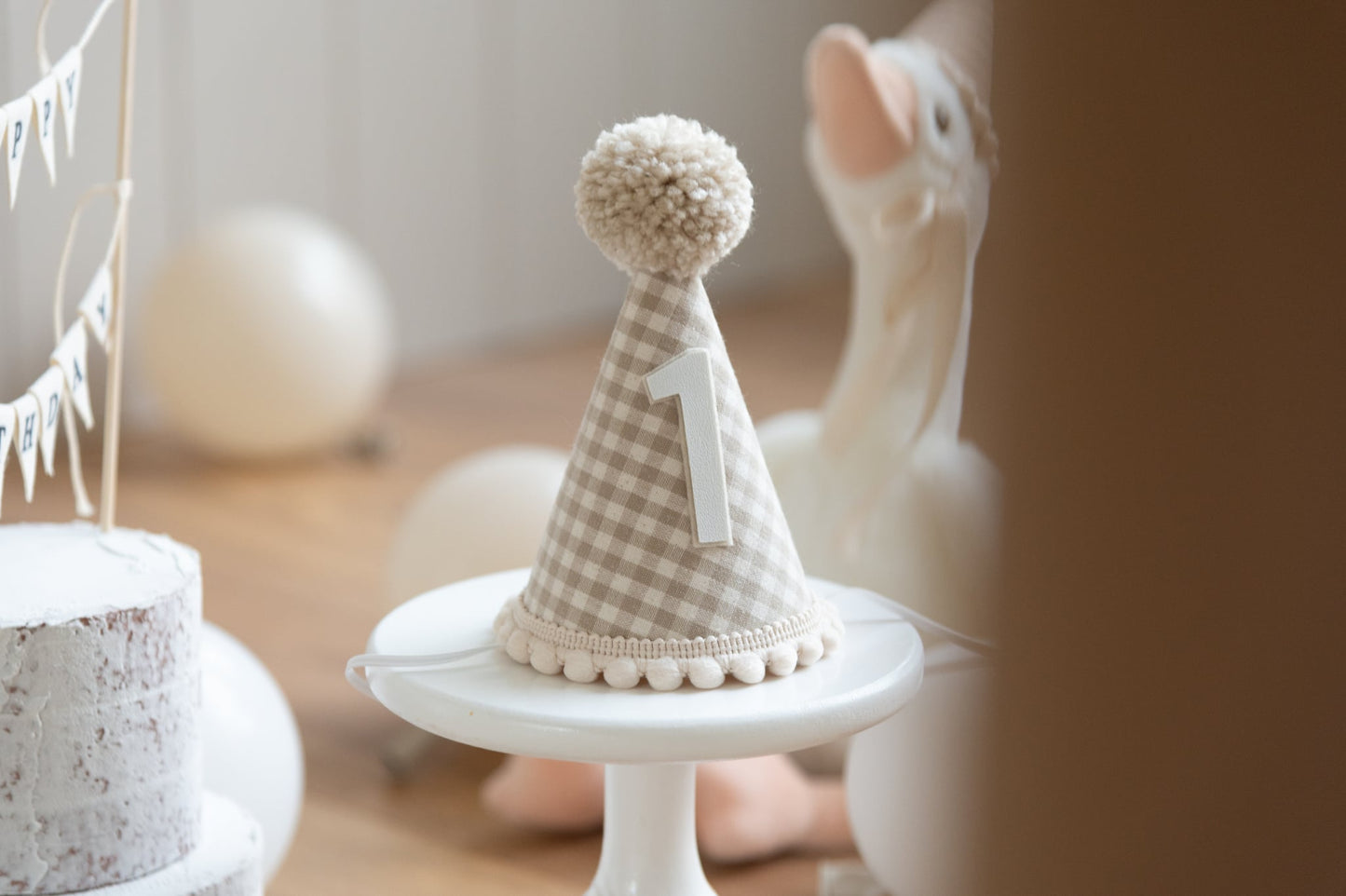 Natural gingham First birthday hat