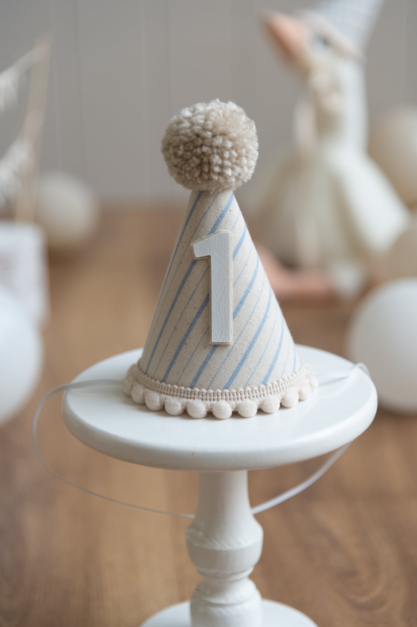 Light beige and blue stripe first birthday hat