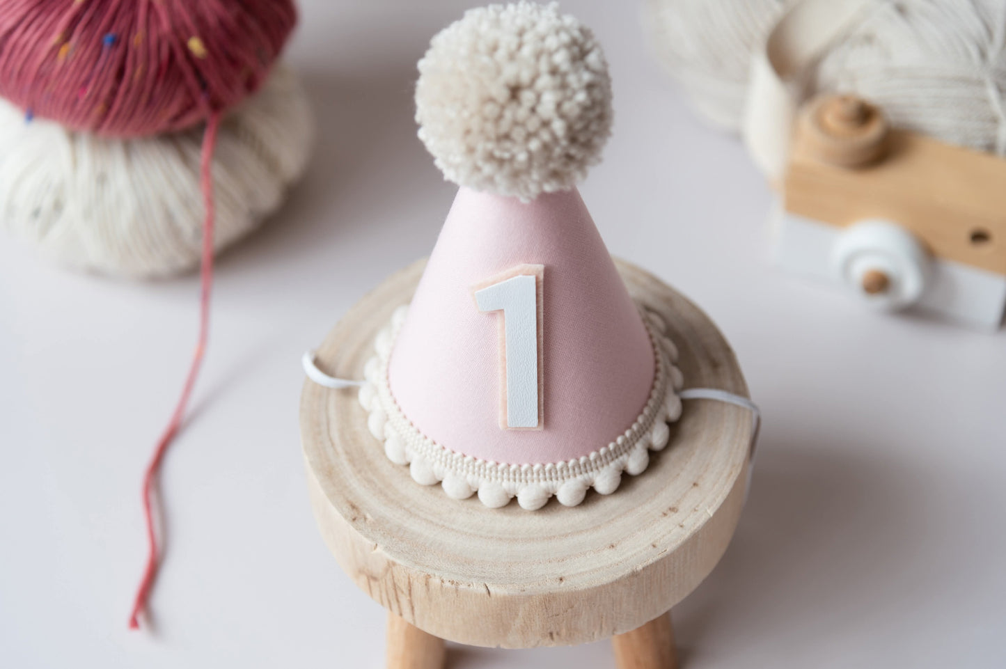 Pastel pink and beige first birthday hat