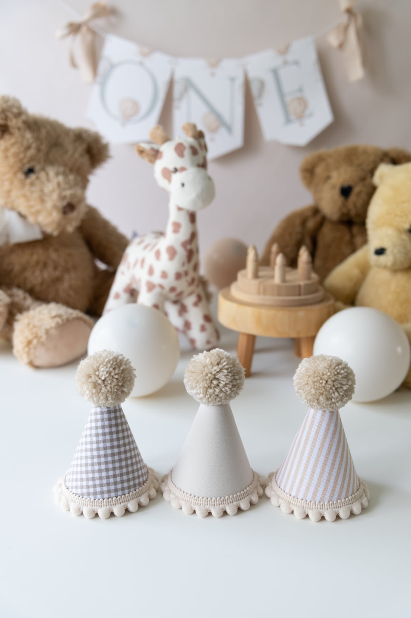 Set of 3 Teddy bear party hats, birthday party props, teddy bear birthday, fabric hat, Soft Toy Birthday Accessory