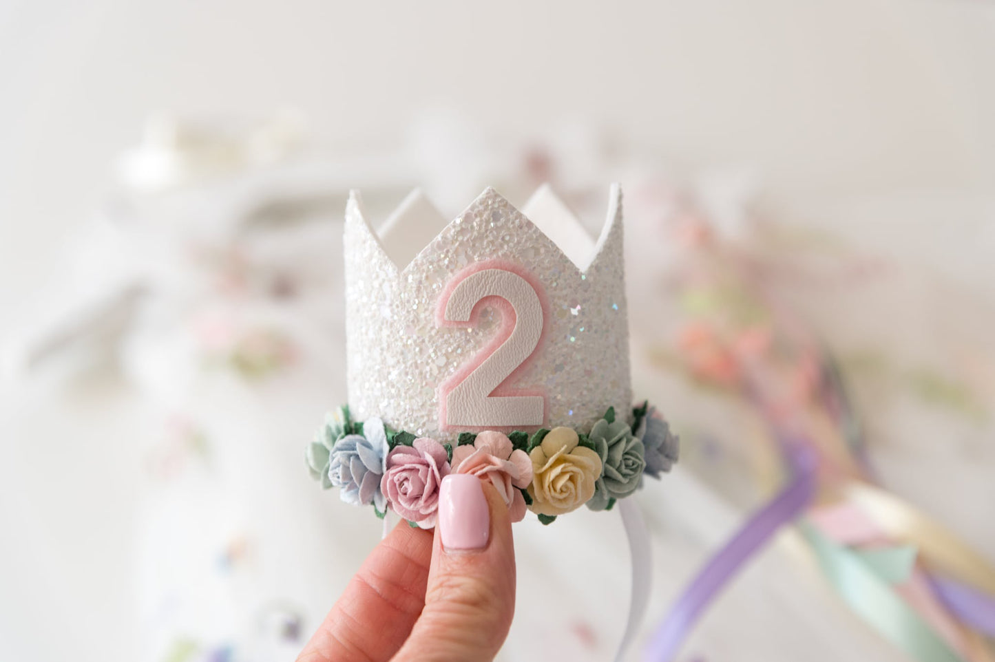 White glitter floral Second birthday crown and wand set
